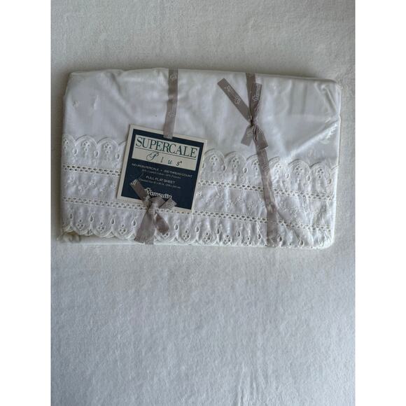NWT Vintage Wamsutta Beach White Full Flat Bed Sheet Eyelet Lace No Iron Cottage - Picture 2 of 4